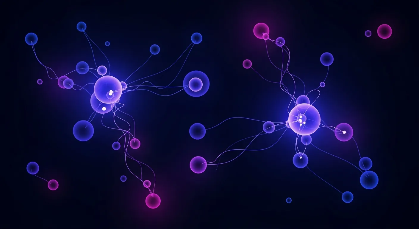 Abstract indigo network of connected nodes on a dark navy background representing AI note-taking apps linking related notes