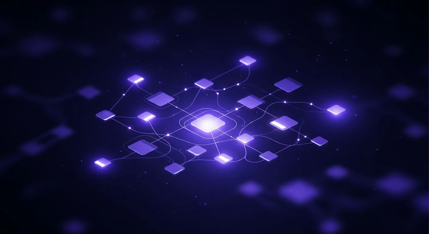 Abstract dark navy and indigo illustration of glowing connected note cards forming a network, suggesting an AI that links personal notes together