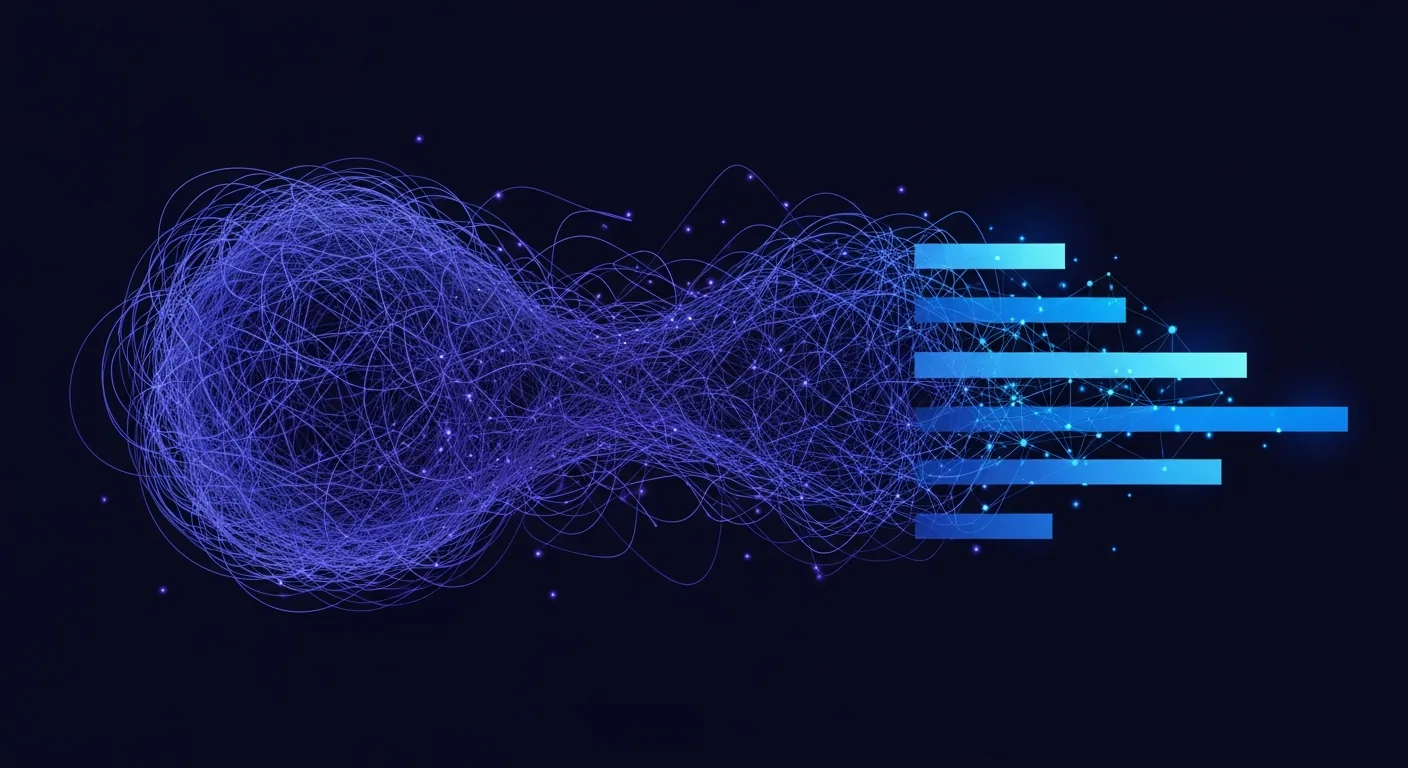 Abstract dark navy illustration of tangled note lines condensing into a short, structured AI summary