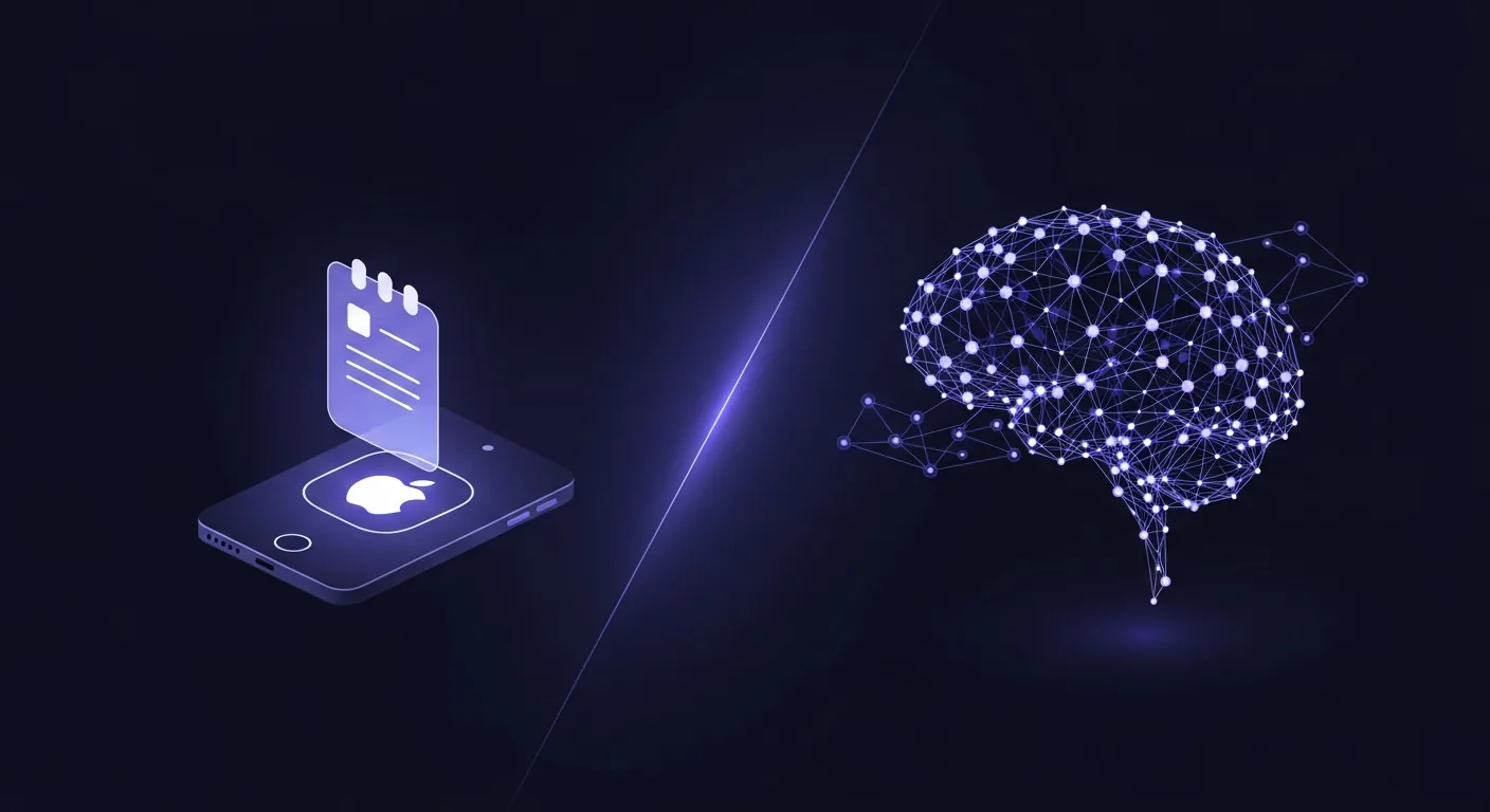 Ainotely vs Apple Notes comparison: a simple Apple-style note on one side and an AI note brain of connected nodes on the other