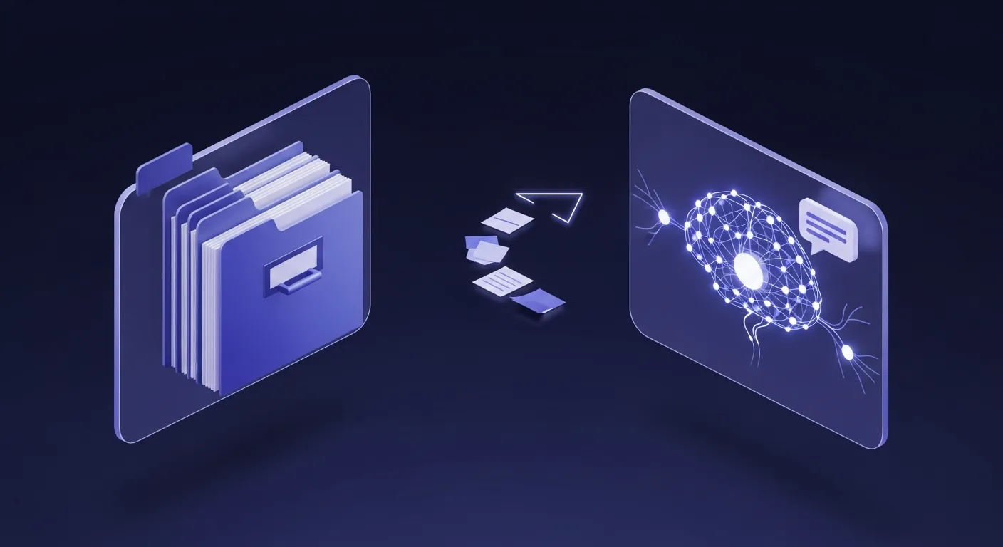 Ainotely vs Evernote comparison: a rigid Evernote folder stack on the left and an AI note brain with linked nodes and chat on the right, notes migrating across