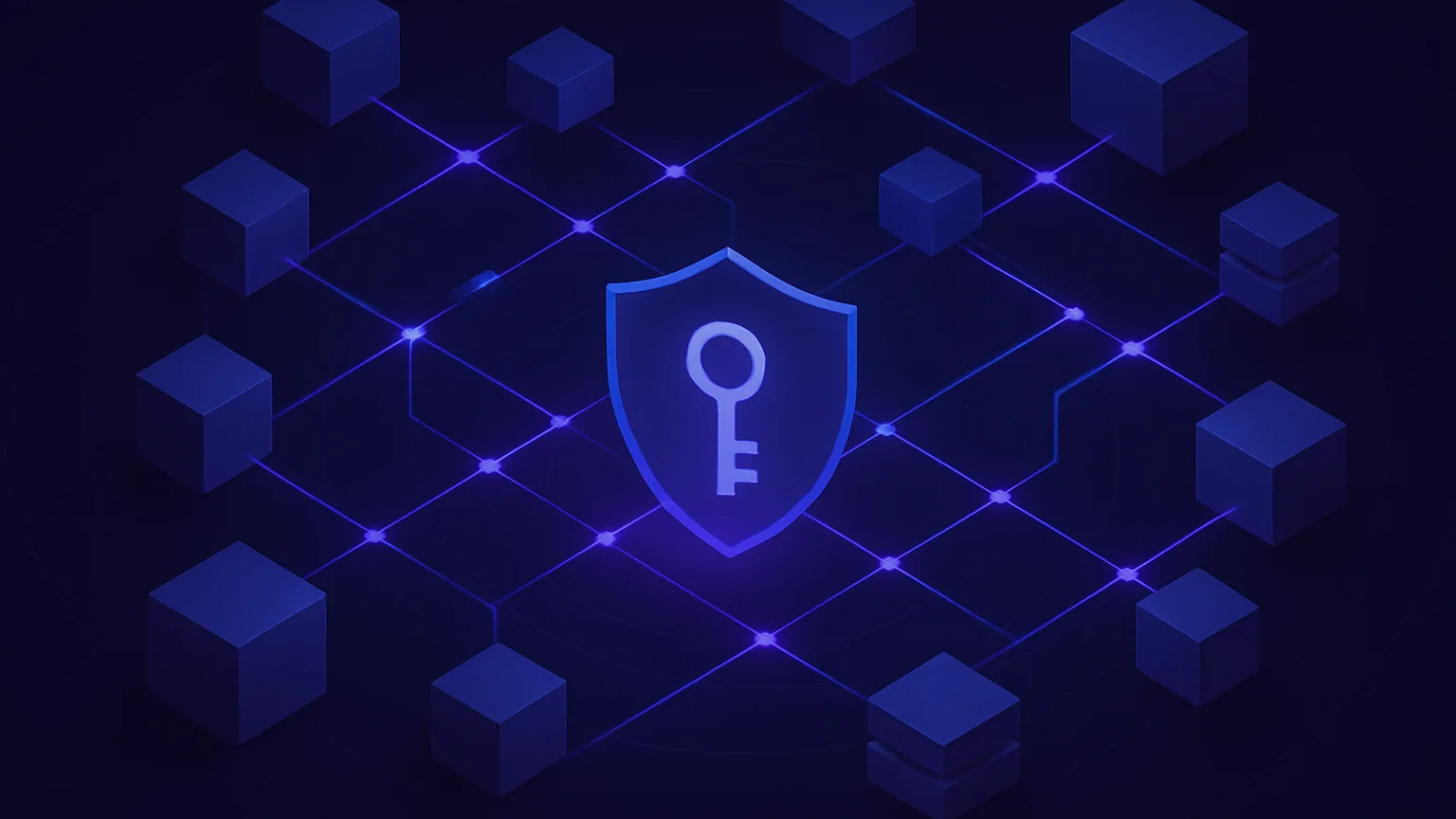 Isometric graph of connected note objects and blocks around a glowing encryption key, representing Anytype's local-first encrypted workspace