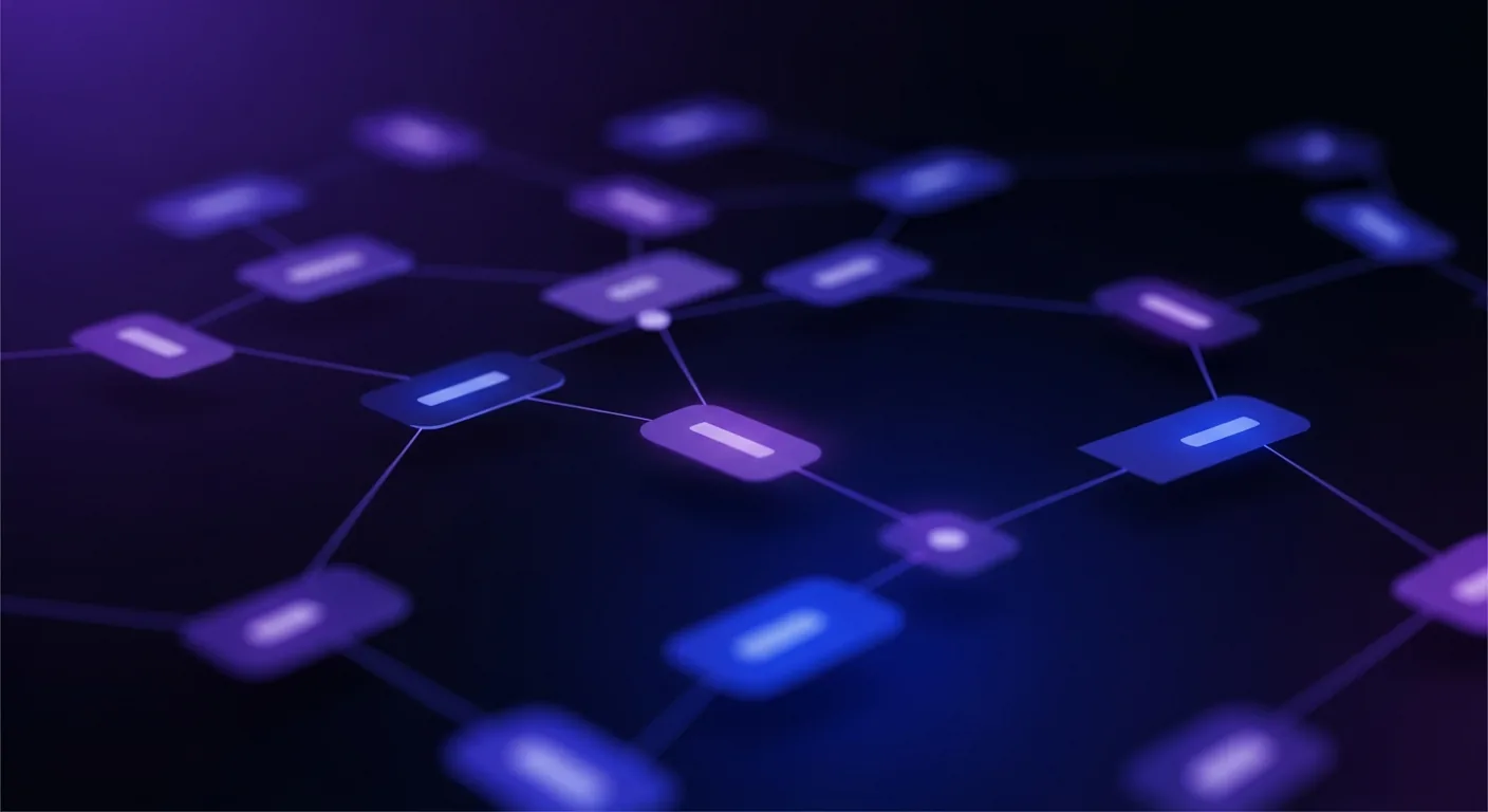 Abstract dark navy and indigo illustration of glowing connected nodes and floating note cards representing an automatically organized personal knowledge network