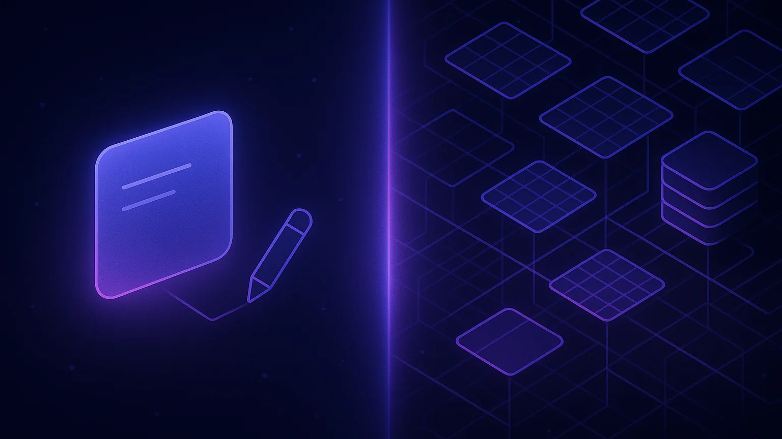 Split isometric illustration contrasting a single fast note card with a dense database grid, in dark navy and indigo
