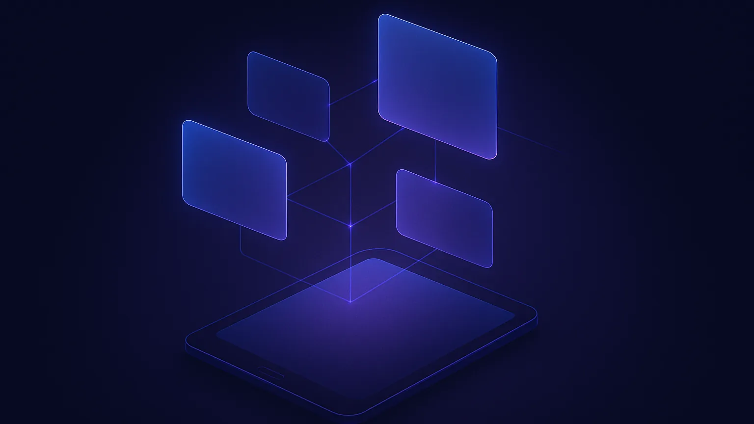 Abstract dark navy and indigo illustration of a tablet with layered glowing note cards connected by luminous lines.