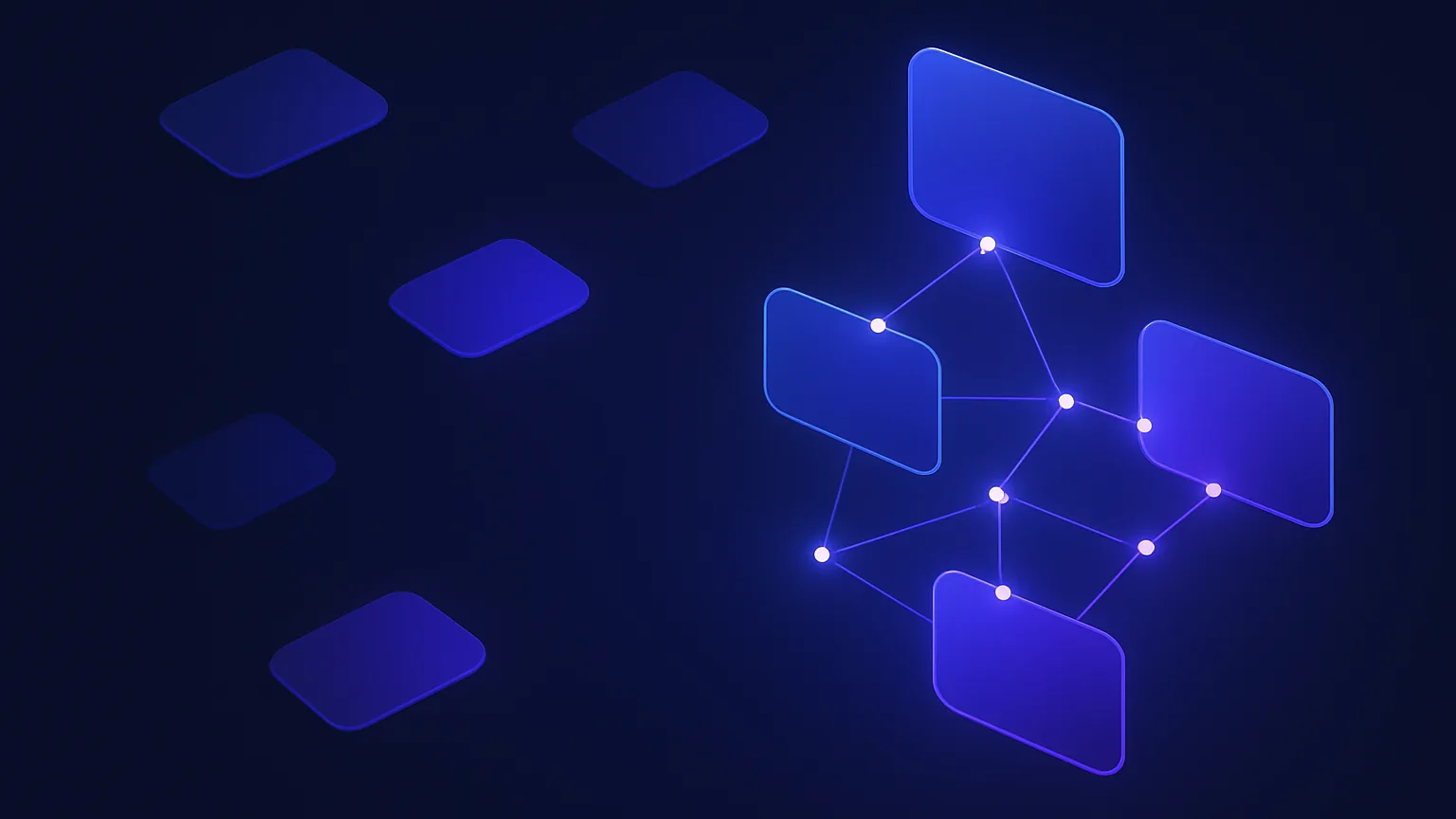 Abstract dark navy and indigo illustration of connected notes and glowing links representing a college student's second brain
