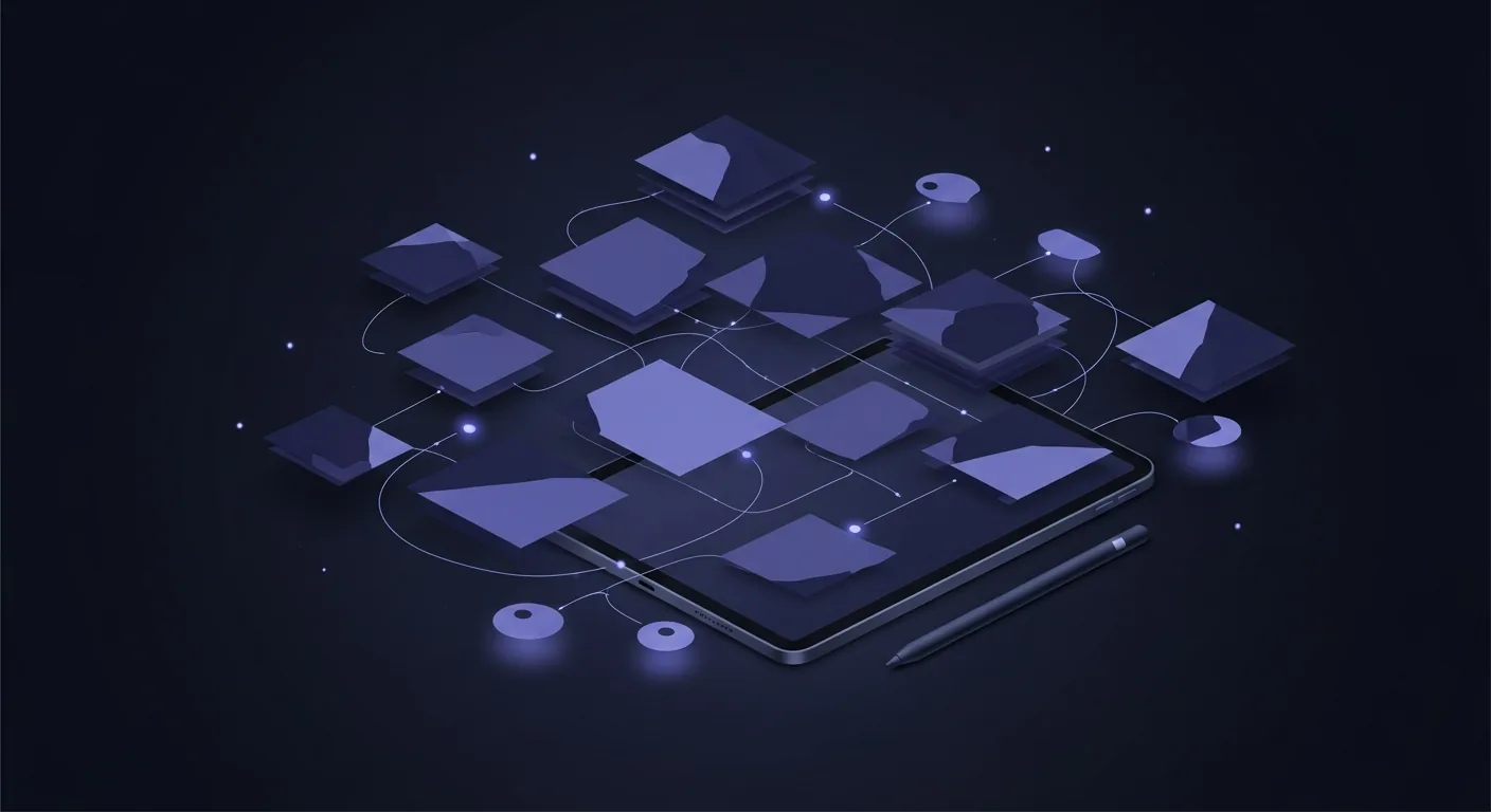 Illustration of an iPad with a stylus and floating organized digital note cards on dark background