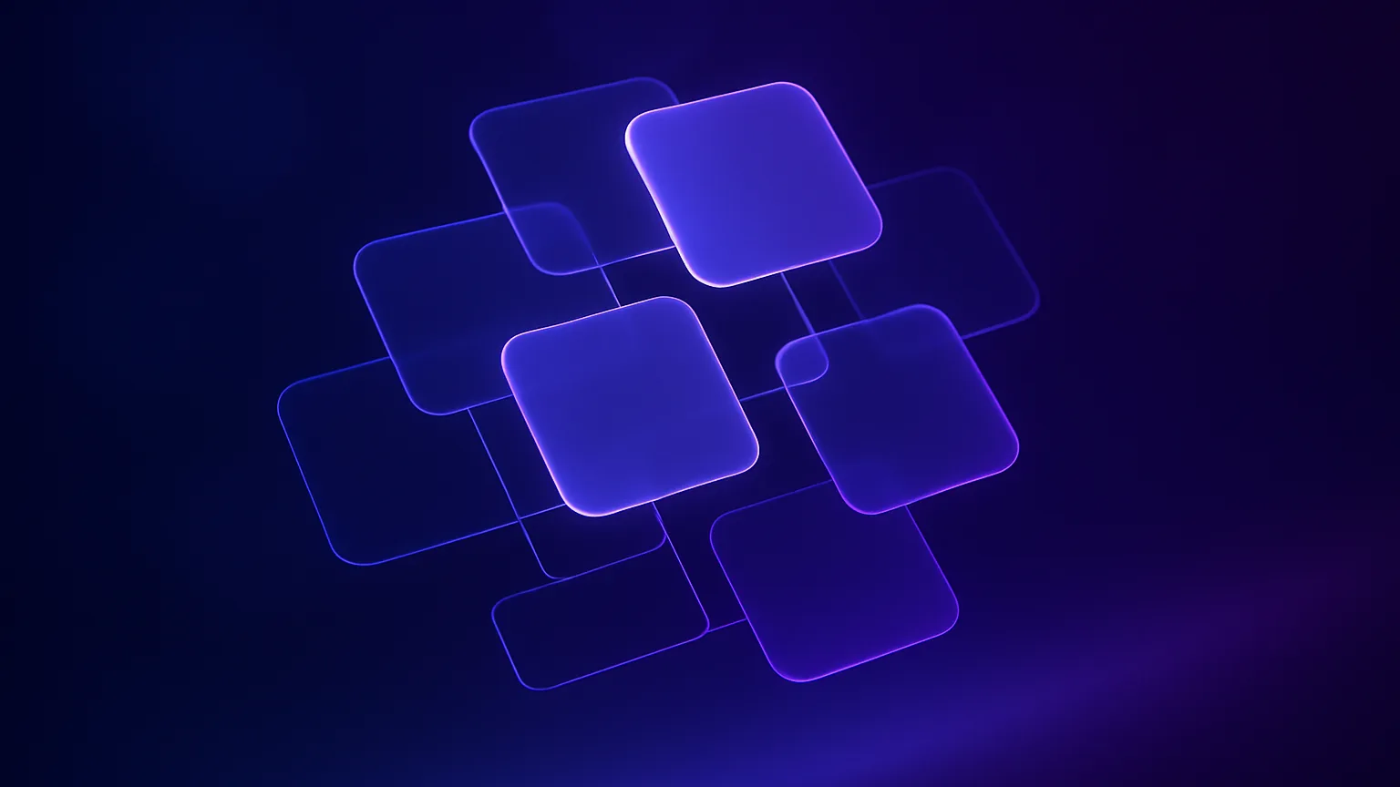Abstract dark indigo illustration of layered glowing note cards linked together, representing the best note taking app for Mac and an AI second brain