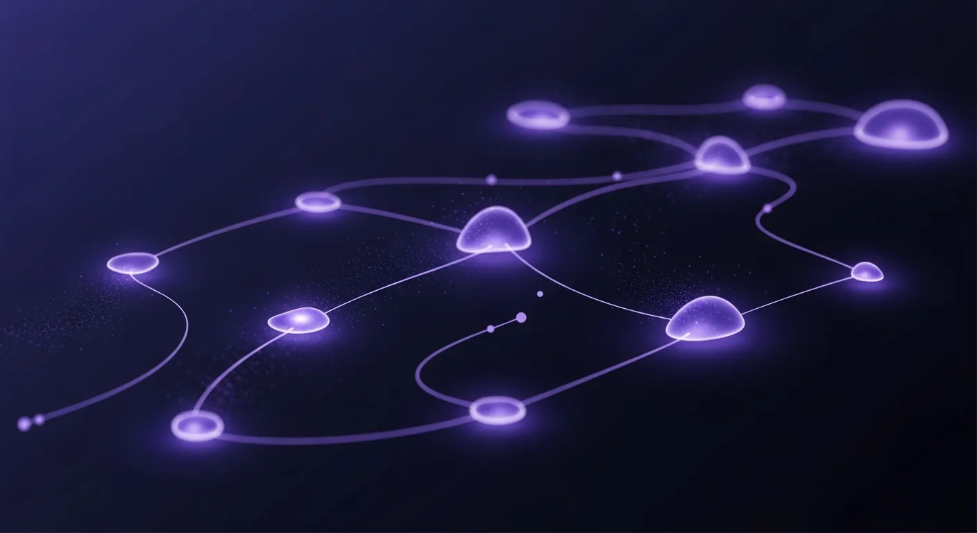 Abstract dark navy and indigo illustration of glowing connected nodes suggesting linked study notes
