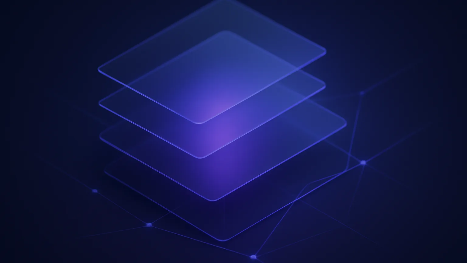 Abstract dark indigo illustration of floating translucent note cards connected by glowing lines, representing a note taking app for Windows