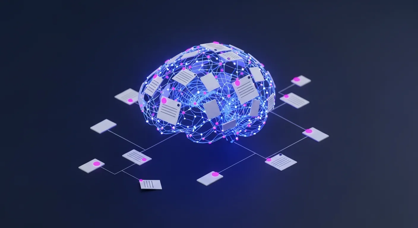 The best second brain app shown as a glowing brain made of linked note cards, splitting into manual-build and auto-organize paths