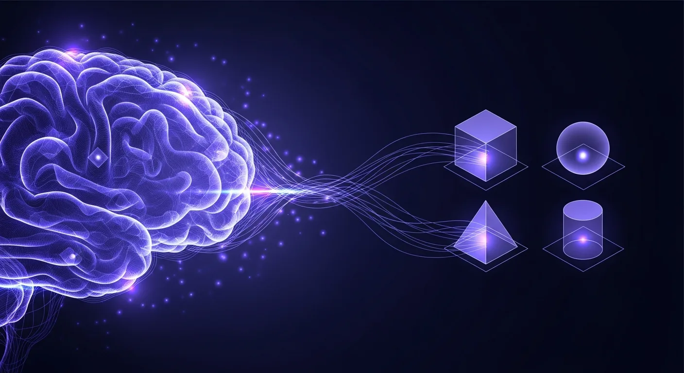 Abstract dark-navy illustration of a glowing violet brain sending luminous threads into four organized containers.