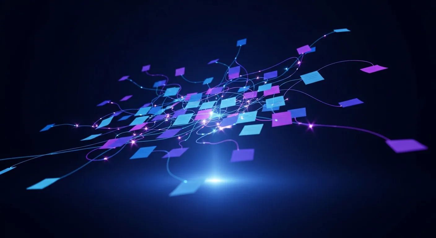 Abstract dark navy and indigo network of connected glowing note cards representing a digital note taking system