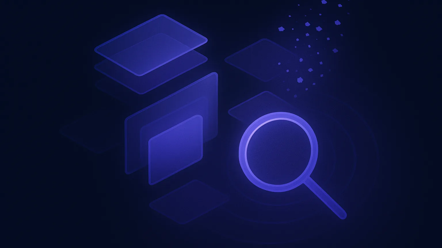 Evernote review 2026 concept illustration with abstract indigo note cards dissolving and a violet search lens motif on dark navy