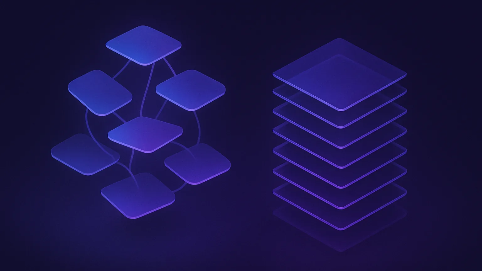 Abstract dark navy and violet illustration contrasting two note organization systems, representing an Evernote vs OneNote comparison