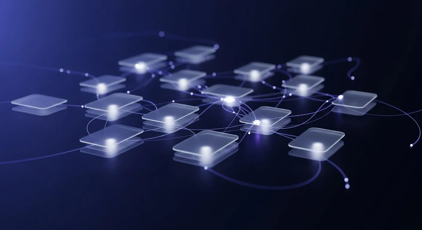 Abstract dark navy and indigo illustration of glowing note cards connected by light threads into a neural network