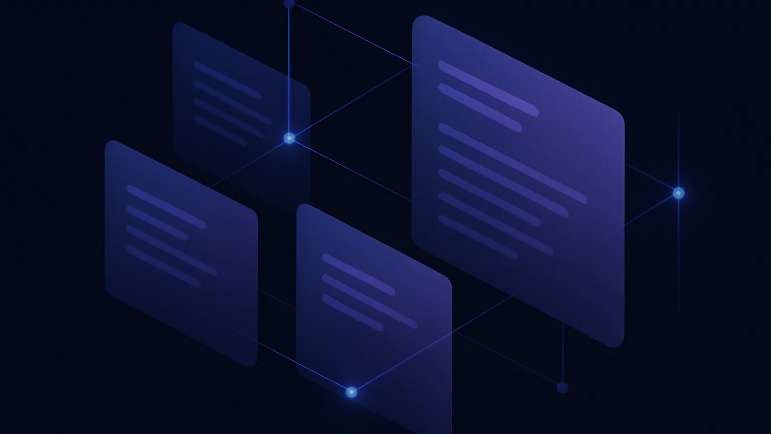 Abstract dark navy and indigo illustration of connected translucent document panels representing Google Docs alternatives.