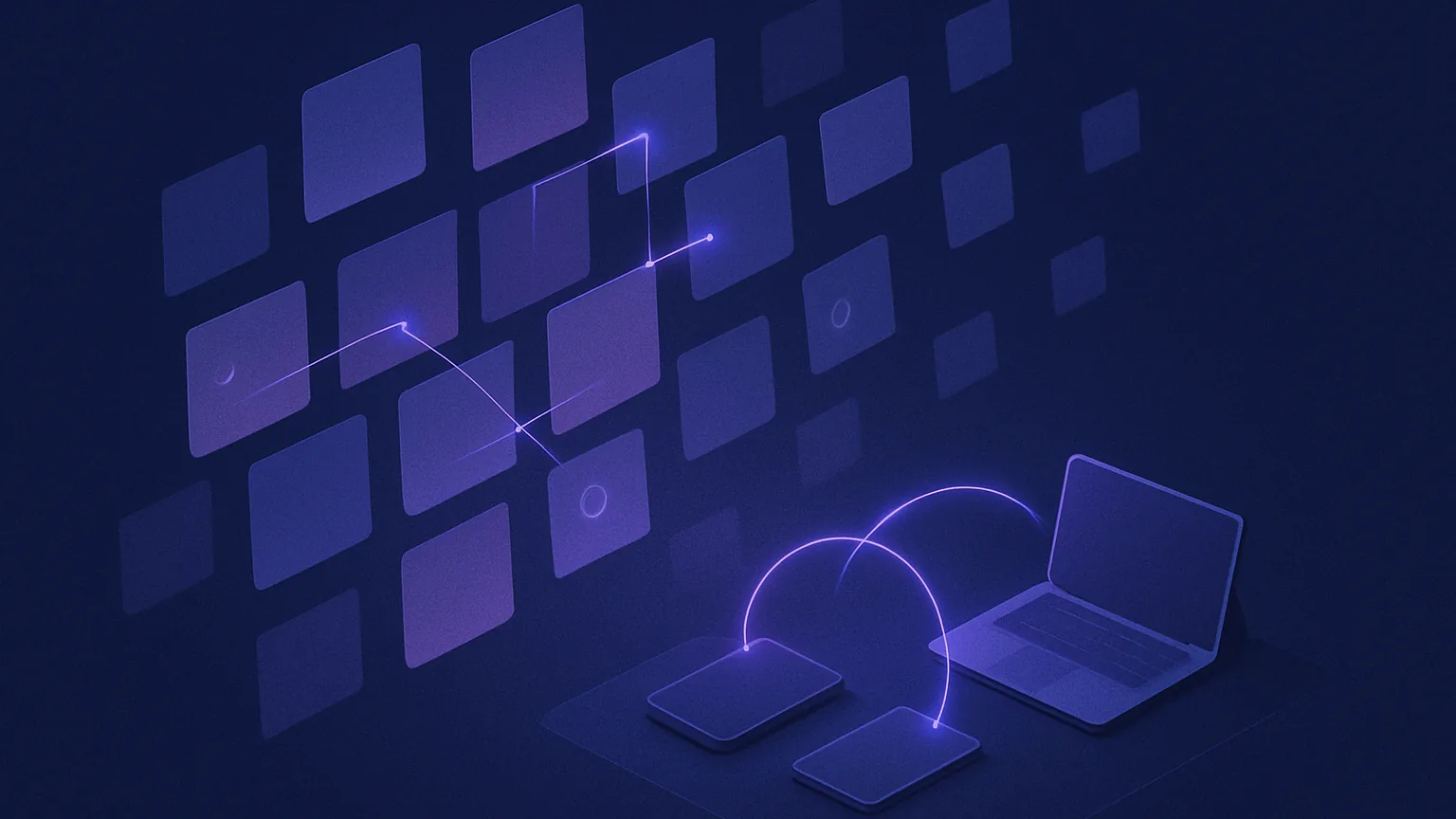Isometric illustration of floating sticky-note cards syncing across a phone, tablet, and laptop with glowing indigo connection lines