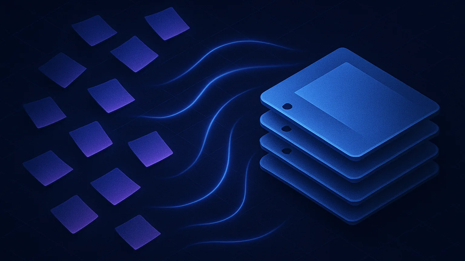 Abstract dark indigo illustration contrasting scattered sticky notes with a stacked structured digital binder.