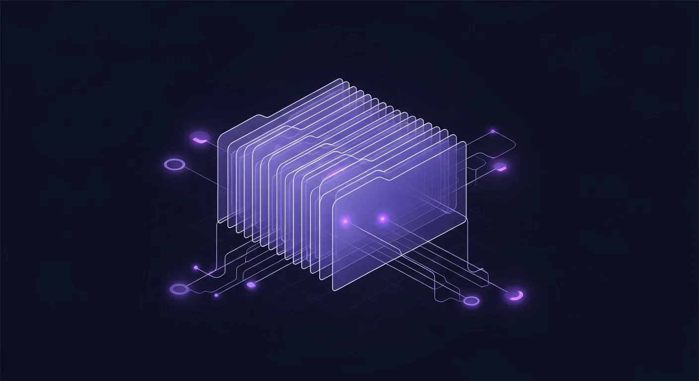 Abstract dark-navy and violet illustration of layered panels linked by glowing lines, suggesting organized study notes.