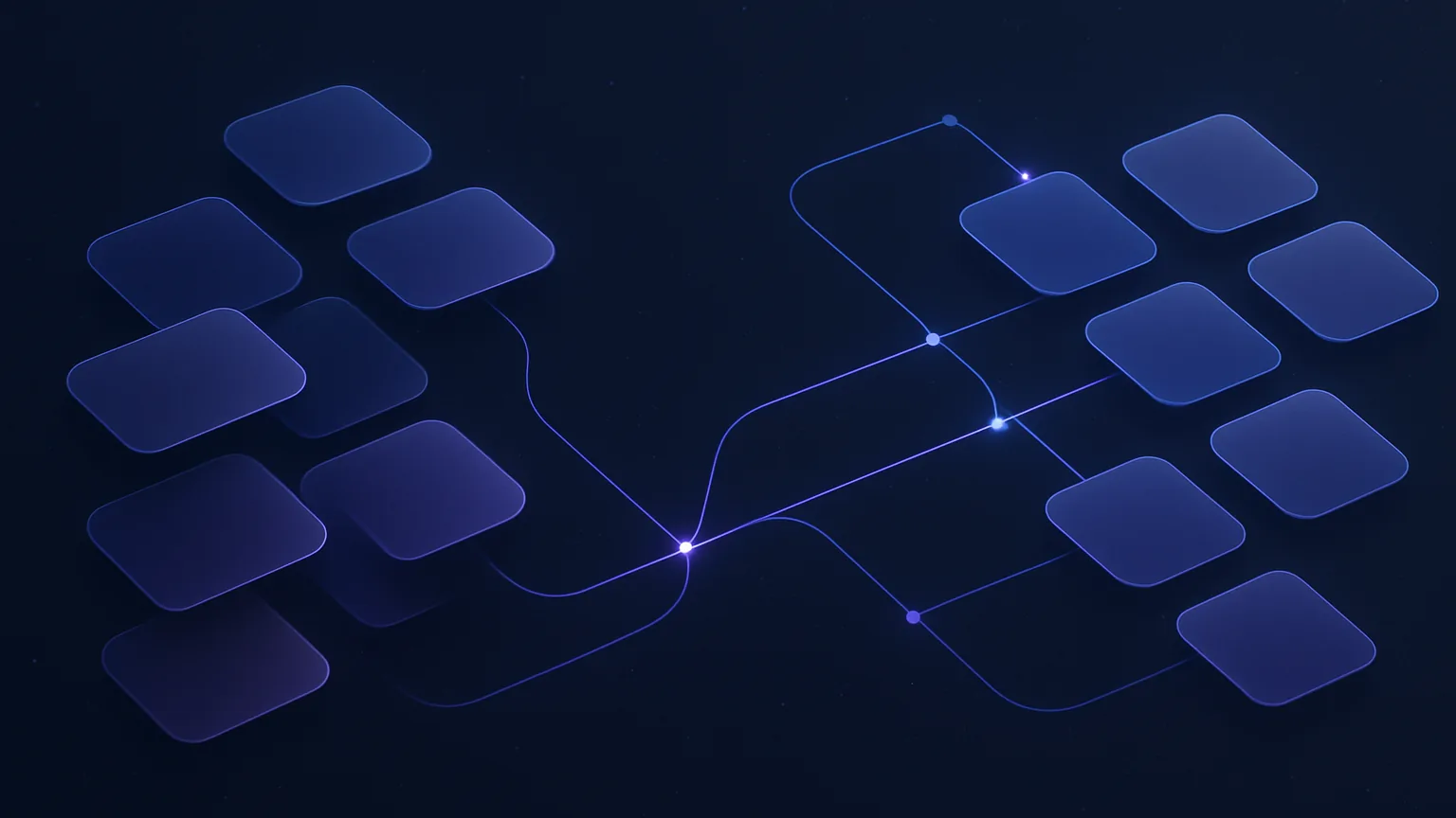 Abstract dark navy and violet illustration of interconnected note cards flowing from one cluster to another, representing switching note apps