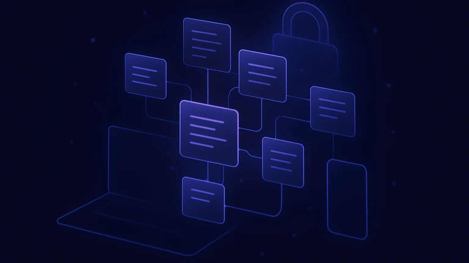 Abstract dark navy and indigo illustration of interconnected note cards and glowing sync lines representing the Joplin open-source note app