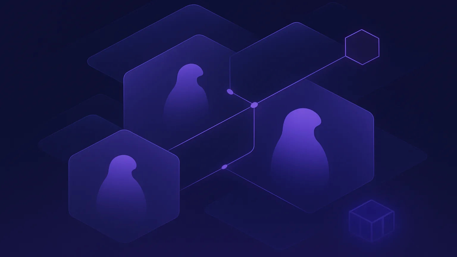 Abstract dark indigo illustration representing the best Linux note taking app options ranked for 2026, with linked glowing note panels