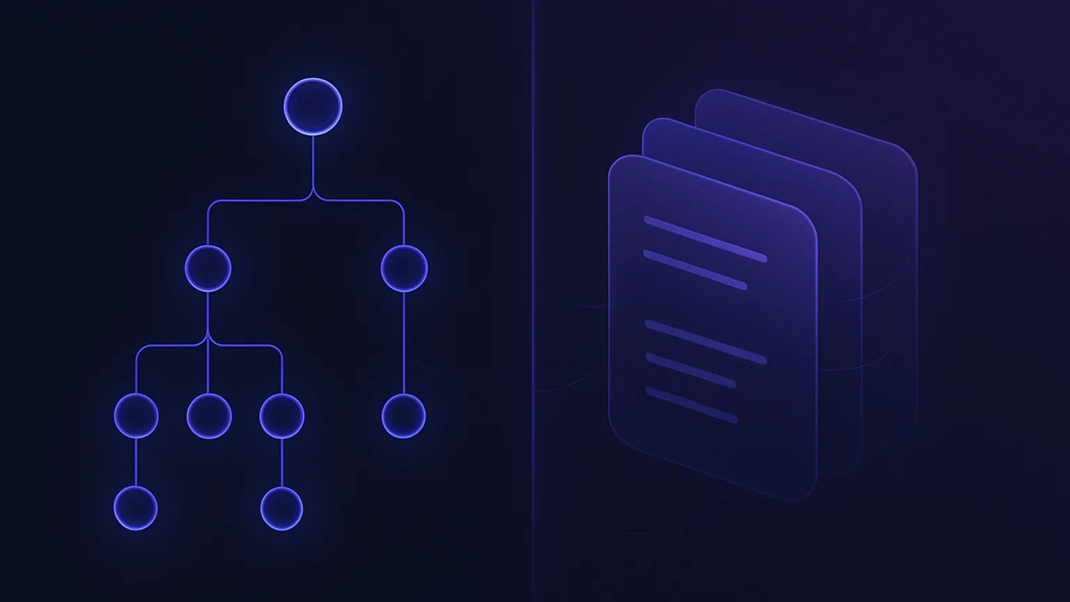 Abstract split illustration contrasting a nested bullet outline with layered document pages, representing Logseq versus Obsidian