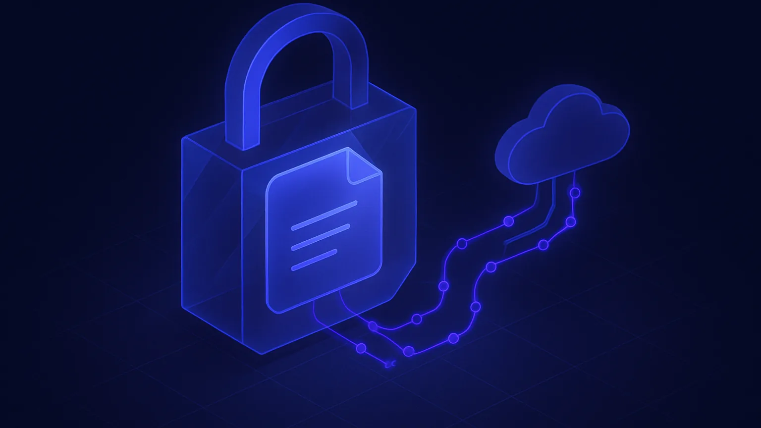 Abstract illustration of a note sealed inside a glowing indigo vault with encrypted lines flowing to a cloud