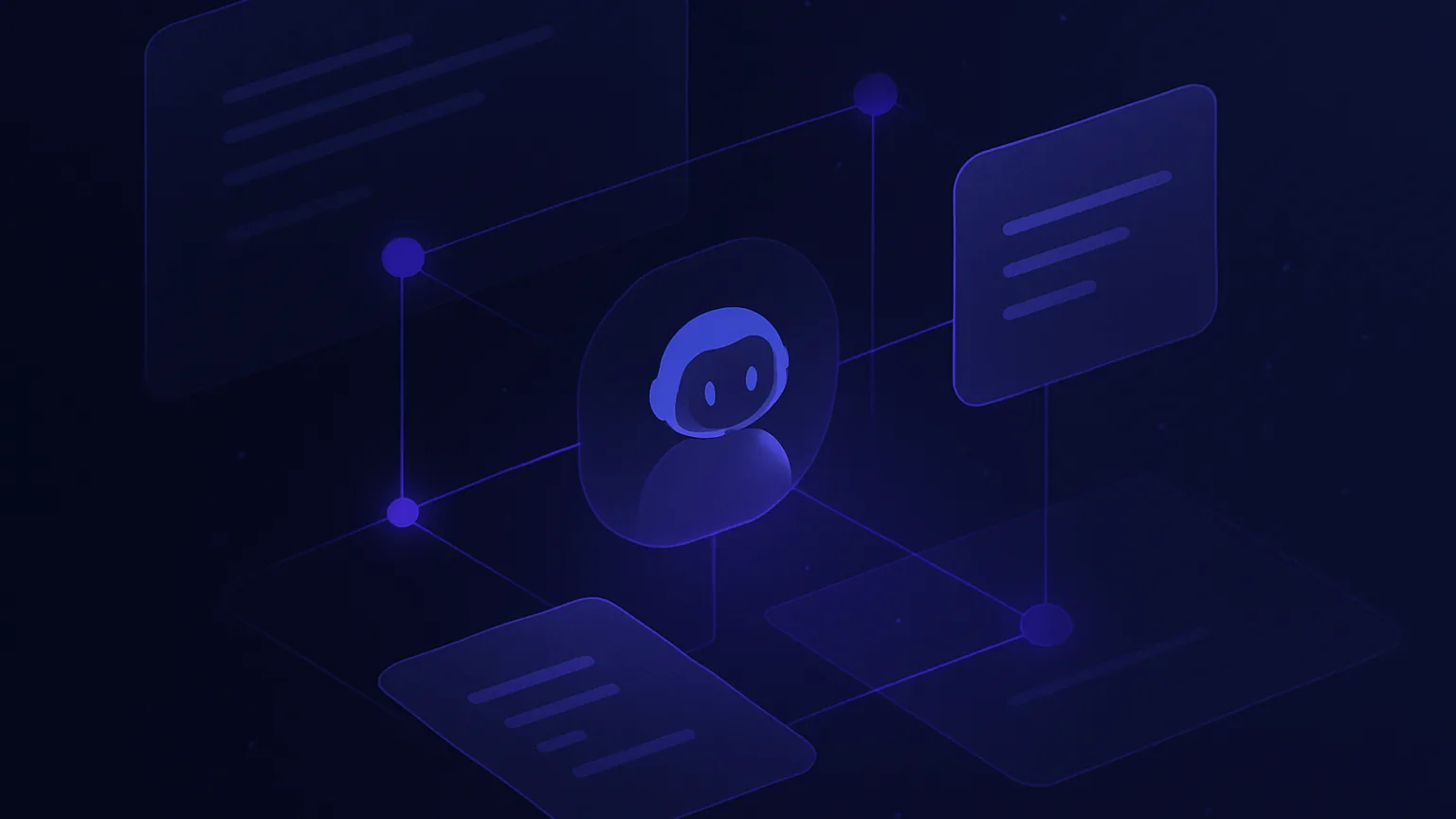 Abstract dark indigo illustration of an AI assistant linking floating note cards inside a connected workspace.