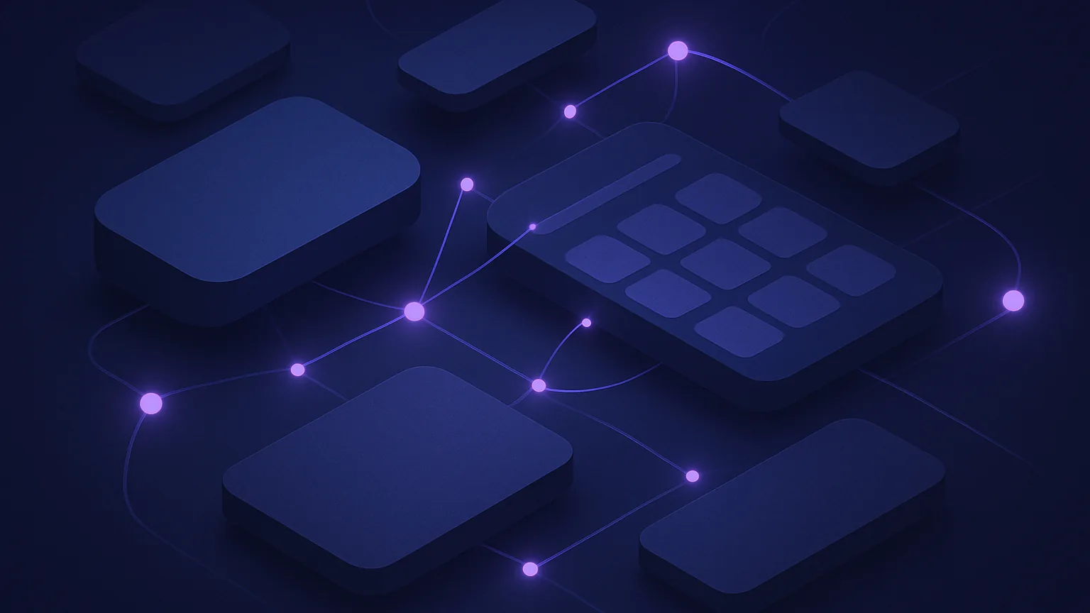 Abstract dark navy and indigo illustration of connected workspace blocks and database panels representing an all-in-one productivity tool.