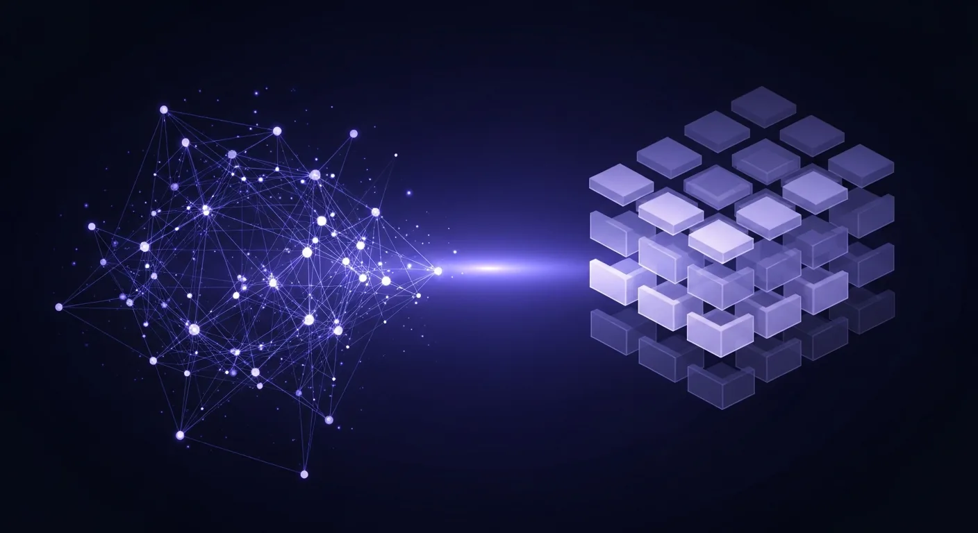 Abstract dark navy and indigo illustration with a glowing web of linked dots on one side and a grid of floating stacked blocks on the other, representing two note systems