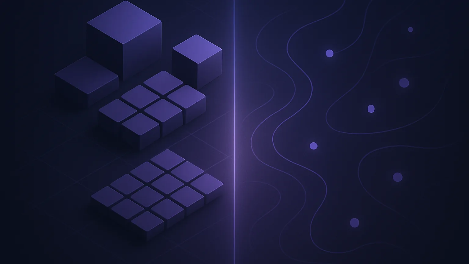 Abstract dark indigo illustration contrasting Notion's structured grid blocks against OneNote's freeform flowing layout