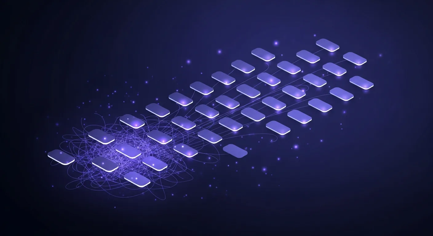 Abstract dark navy and indigo illustration of glowing note cards moving from a tangled cluster into a clean organized network grid