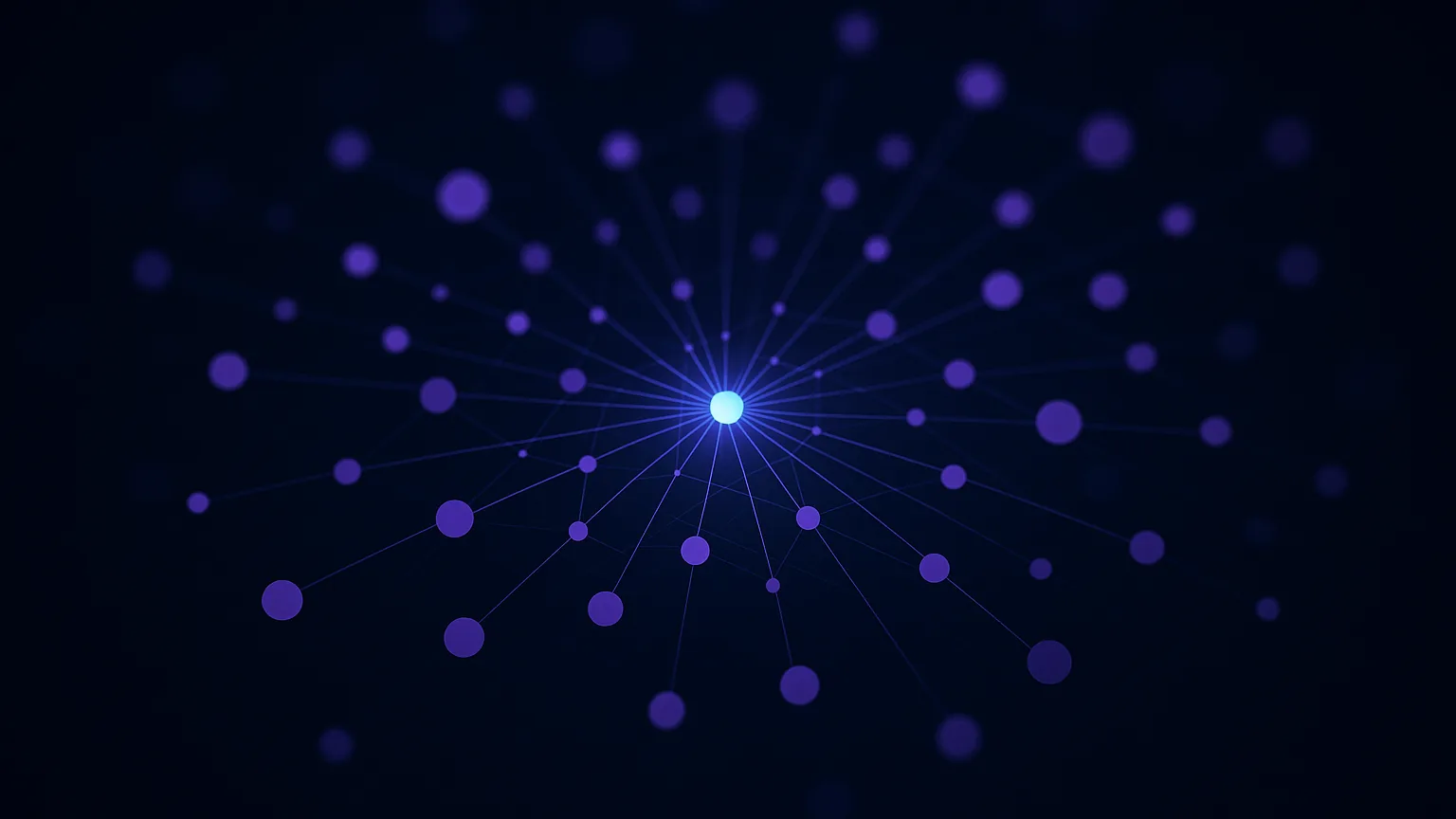 Abstract dark navy and indigo illustration of a glowing network graph representing linked notes