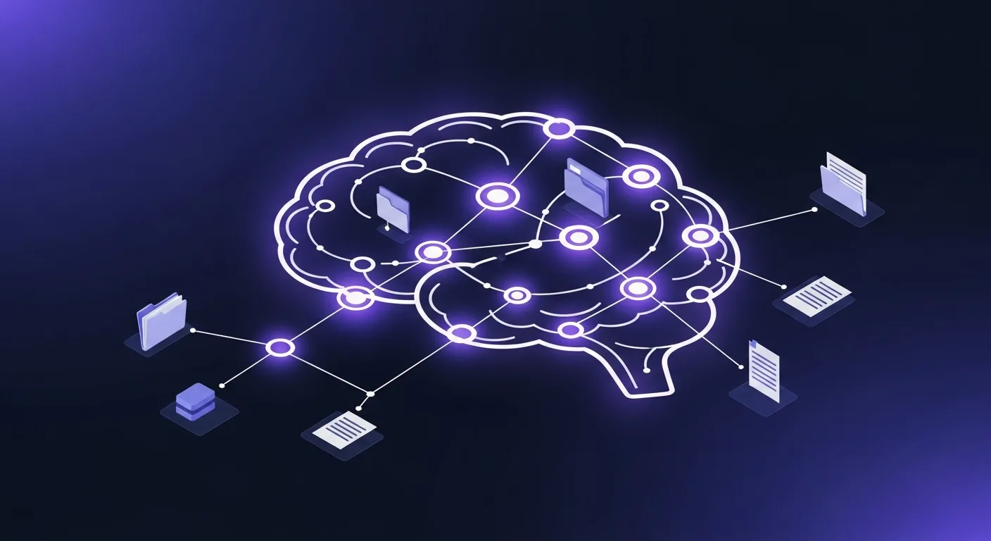 An Obsidian second brain visualized as a glowing graph of linked notes feeding into a brain-shaped knowledge network