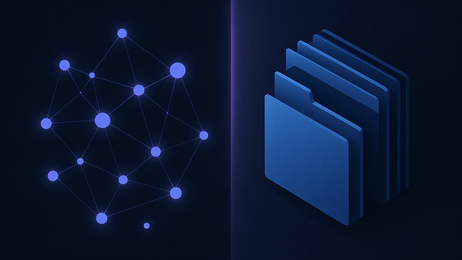 Abstract split illustration contrasting a linked knowledge graph with stacked note folders, representing Obsidian vs Evernote
