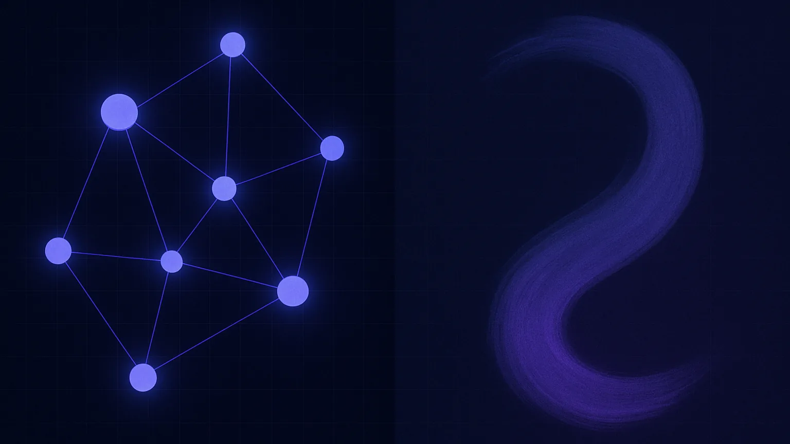 Abstract split illustration of a linked note graph beside a flowing freeform ink stroke on dark navy