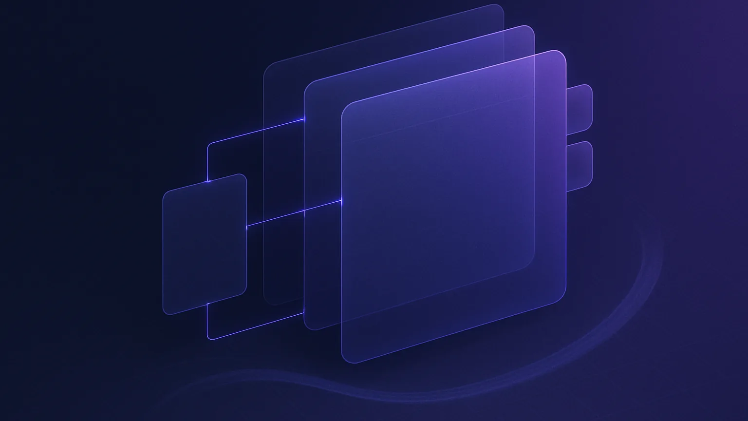 OneNote review feature illustration: abstract dark indigo notebook canvas with layered pages, section tabs, and connecting lines