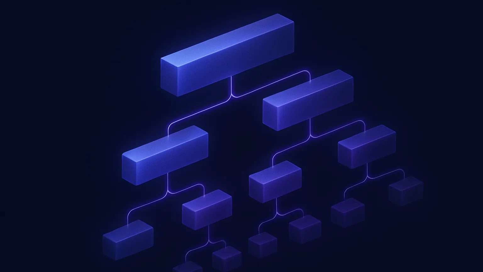 Abstract indigo blocks stepping rightward in a hierarchy on a dark navy background, evoking outline method note taking