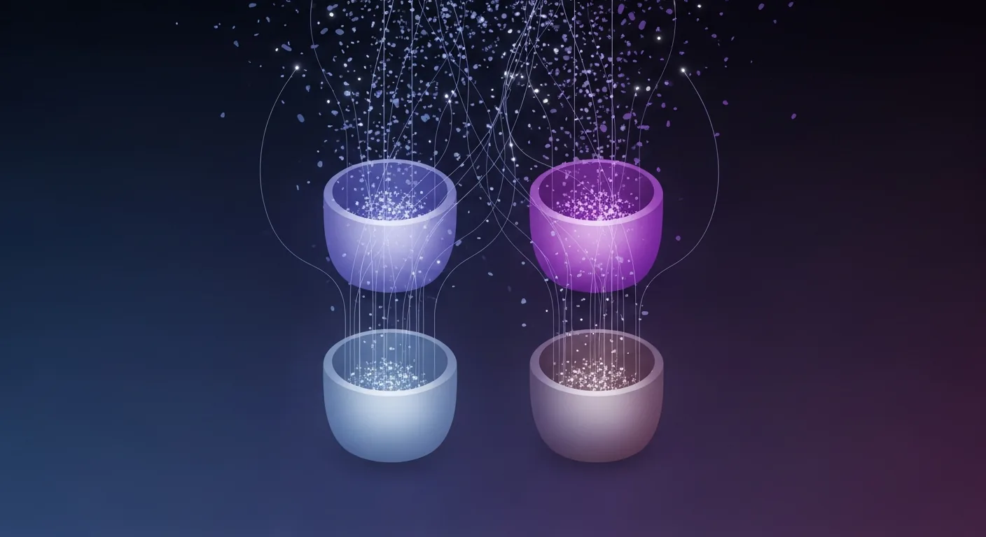 Abstract dark navy and indigo illustration of scattered digital notes flowing into four glowing buckets, representing the PARA method's Projects, Areas, Resources, and Archives