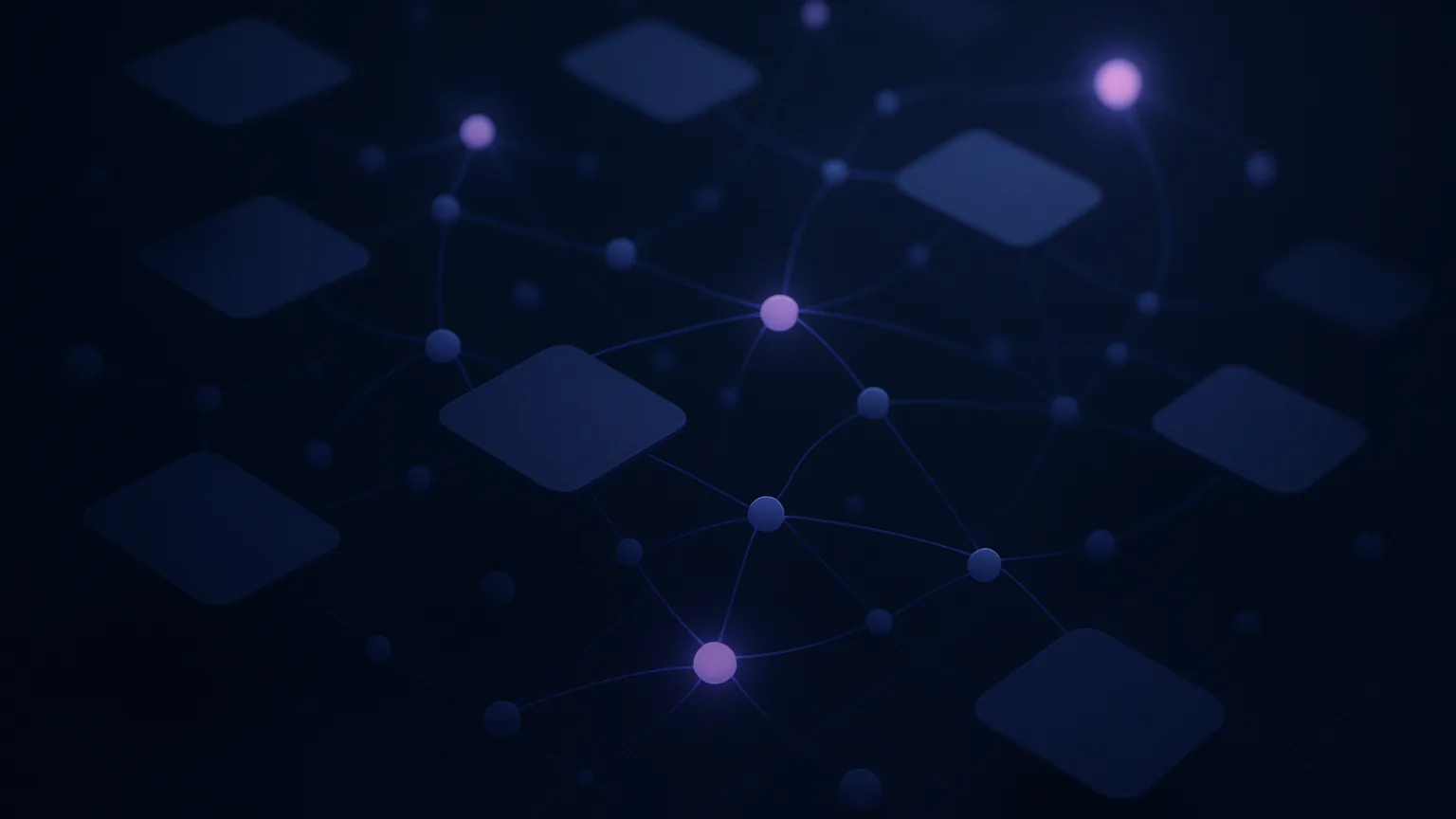 Abstract isometric network of glowing note cards linked by indigo lines, representing Roam Research alternatives