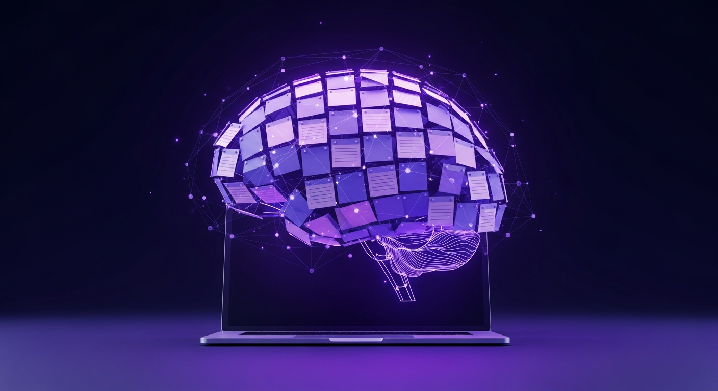 A second brain app organizing scattered notes into a connected web of ideas