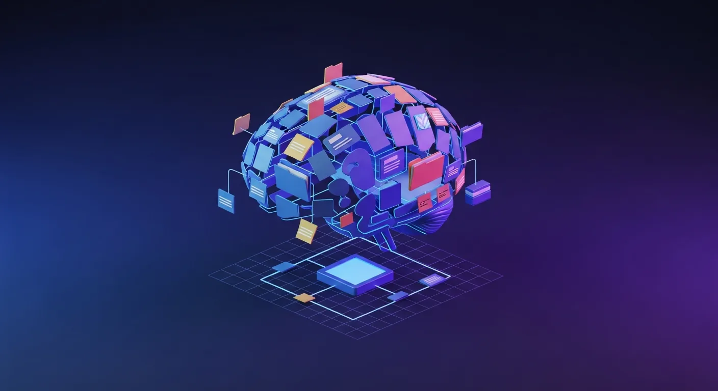 A second brain Notion template visualized as connected note cards and database folders organized by the PARA method