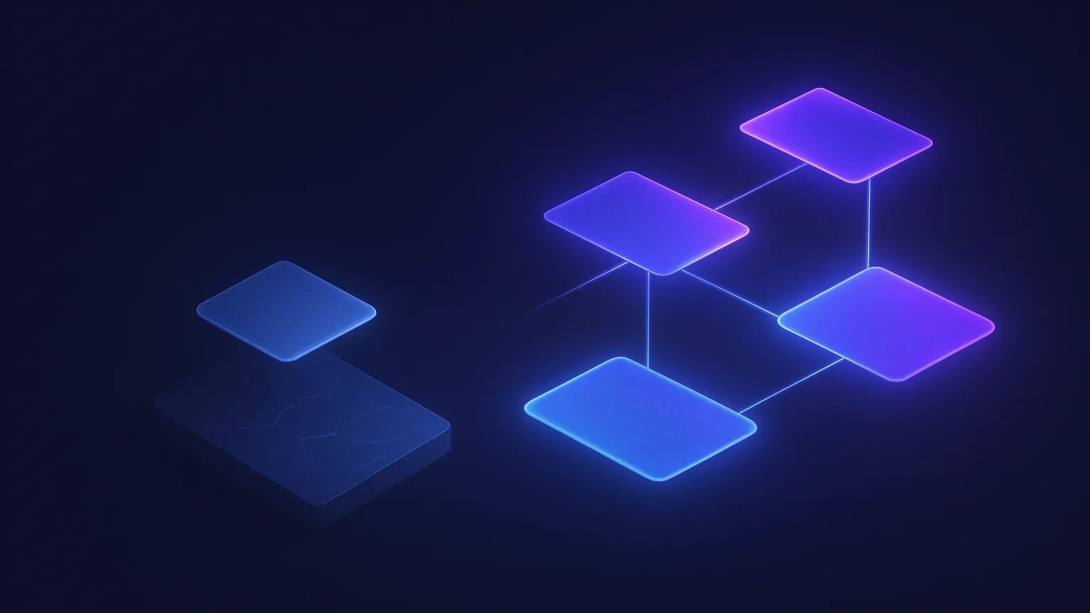 Abstract dark navy and violet illustration of minimalist note cards moving from an old frozen app to newer connected apps