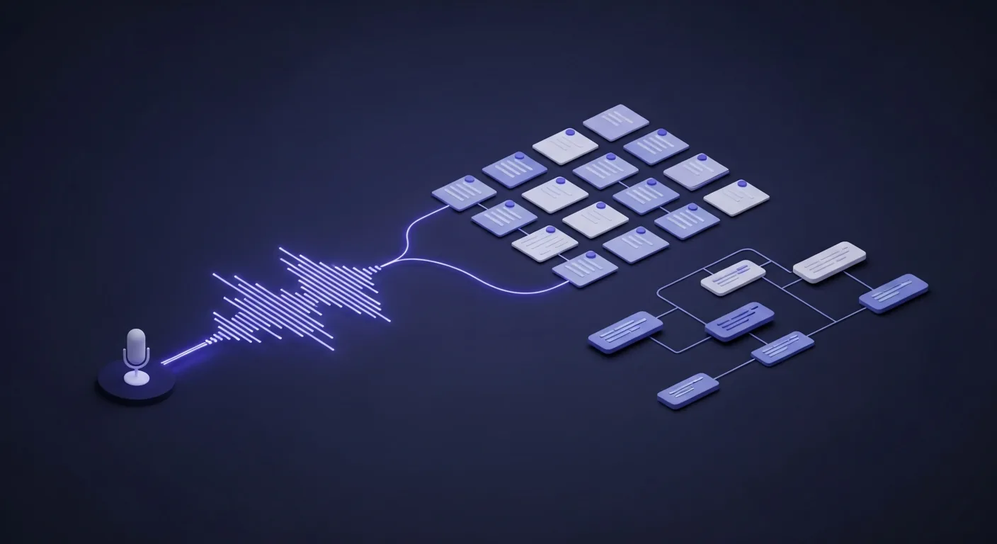 Voice notes AI turning a spoken waveform into transcribed, tagged note cards linked in an organized second brain