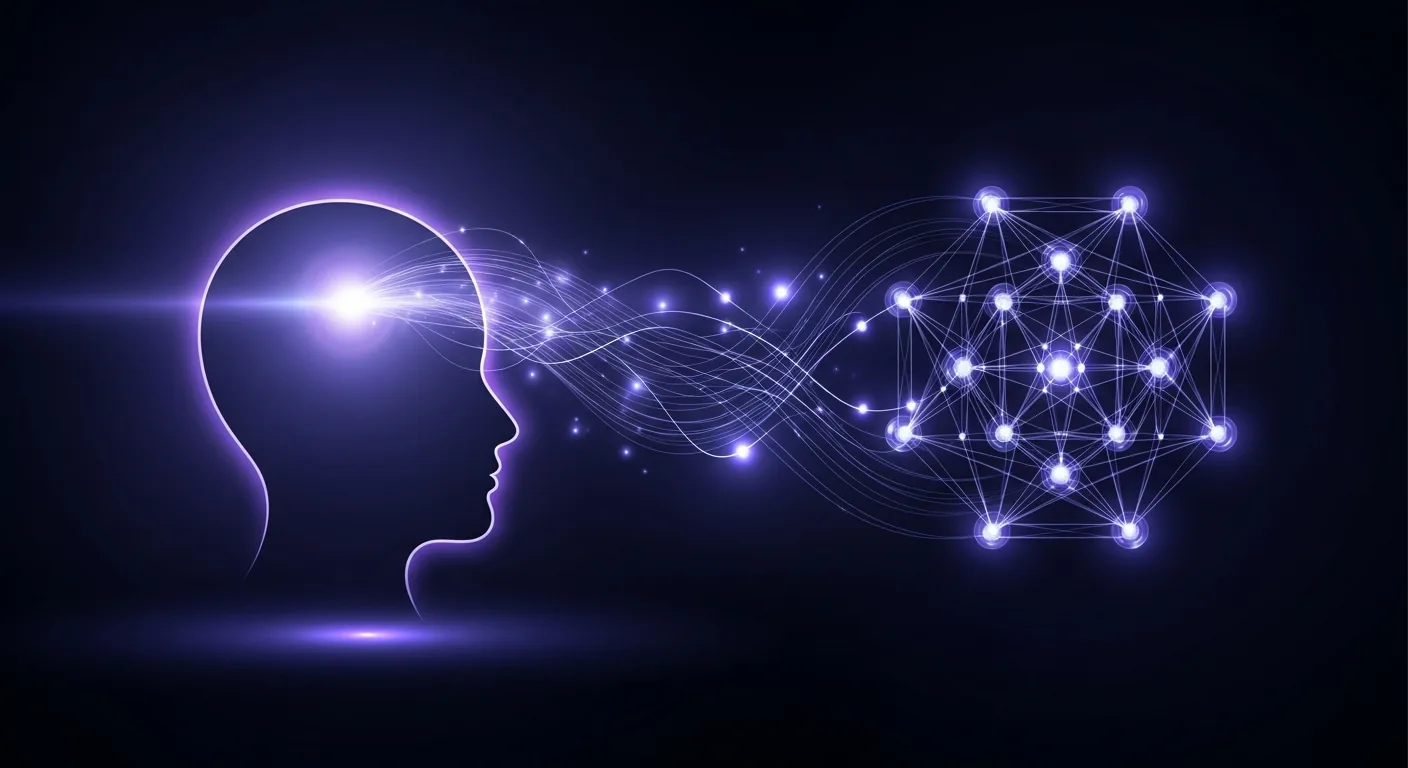 Abstract illustration of a glowing human head connected by light streams to an external network of nodes, representing a second brain.
