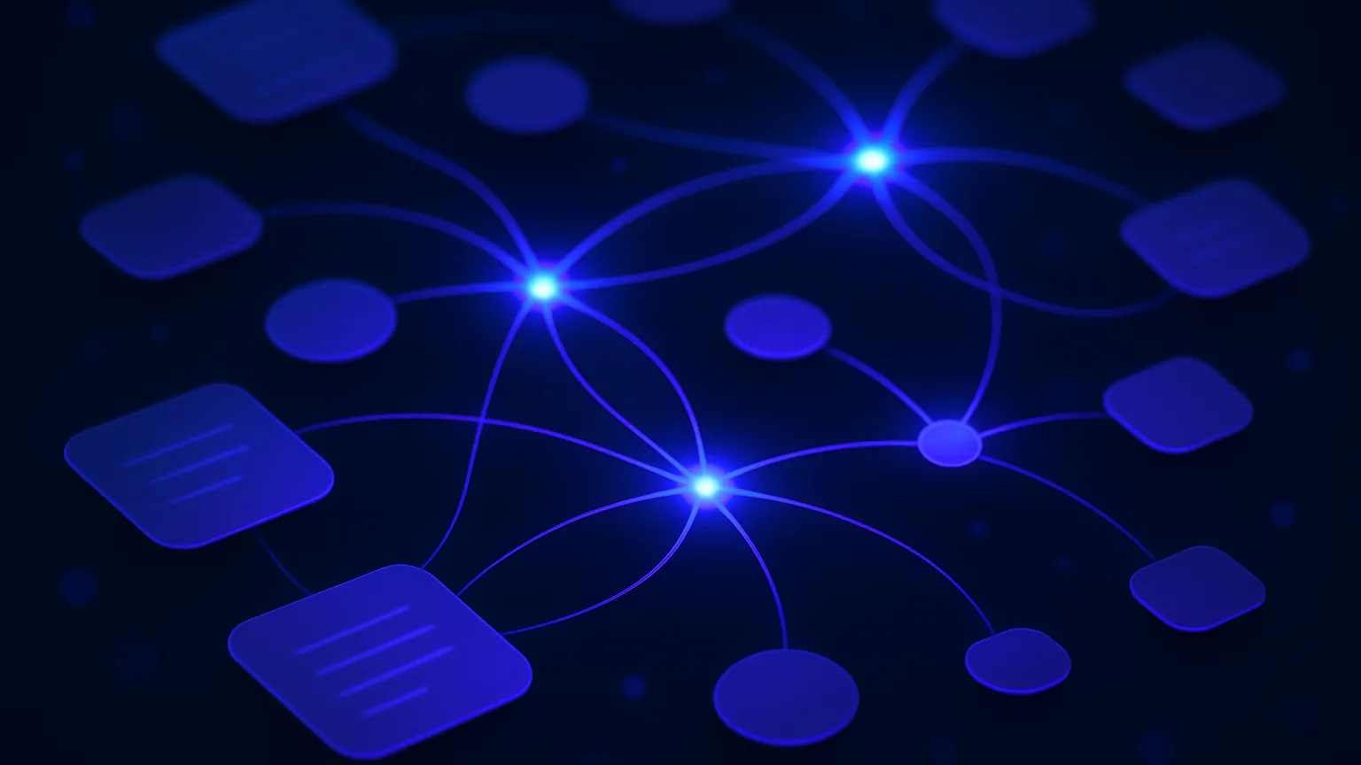 Abstract dark navy and indigo illustration of connected note cards and glowing links representing note-taking apps