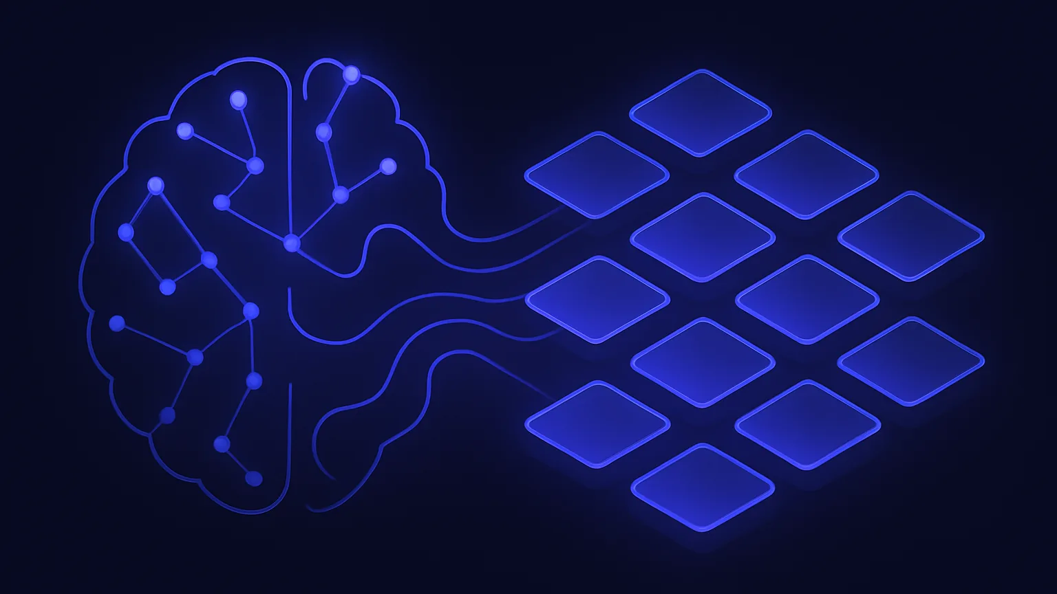 Abstract indigo neural network flowing into an organized grid of glowing cards on a dark navy background