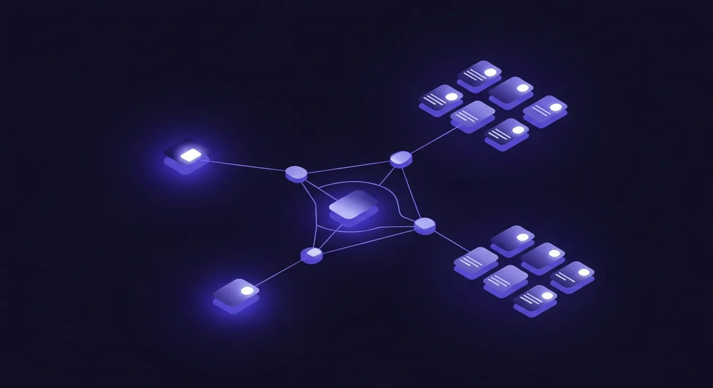 Abstract dark navy and indigo illustration of glowing note cards connected by lines into a branching knowledge network, representing the Zettelkasten method